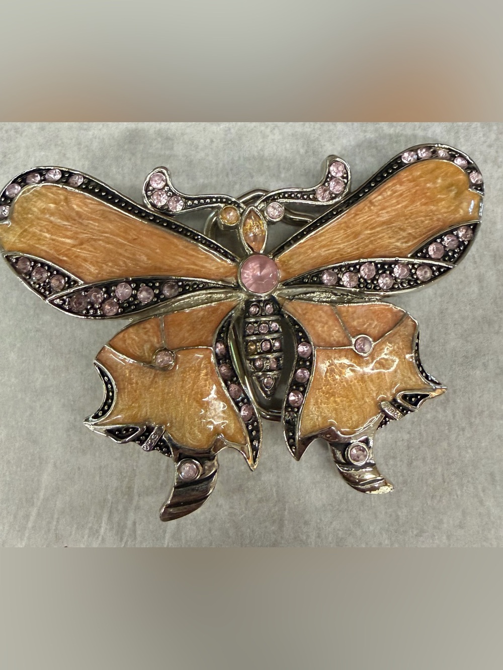 Large Butterfly Belt Buckle Peach Enamel Pink Rhinestones Y2K Boho Statement